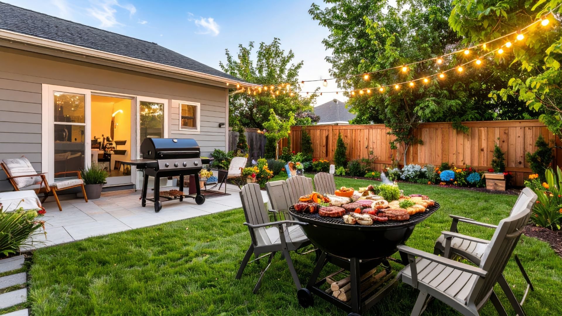 Backyard with grill, string lights, and well-maintained garden landscaping