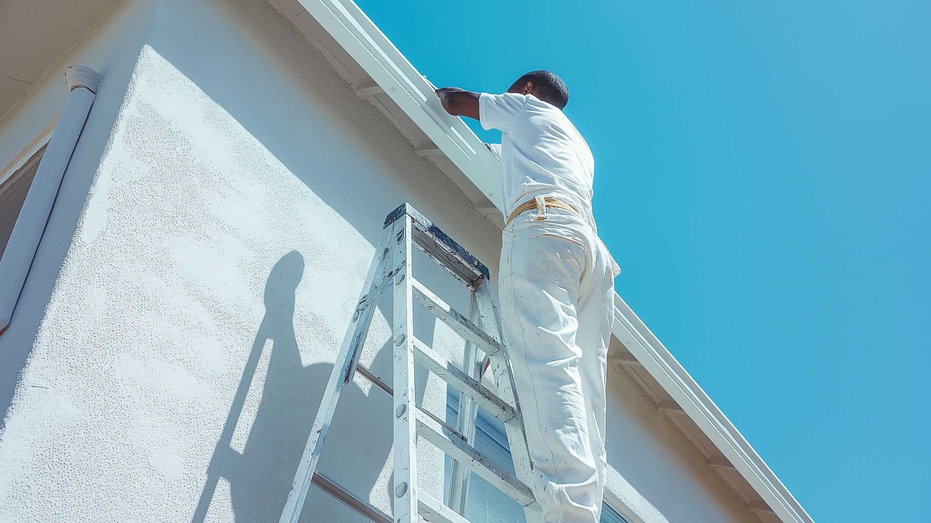 Painter in white clothes on ladder painting exterior wall under blue sky