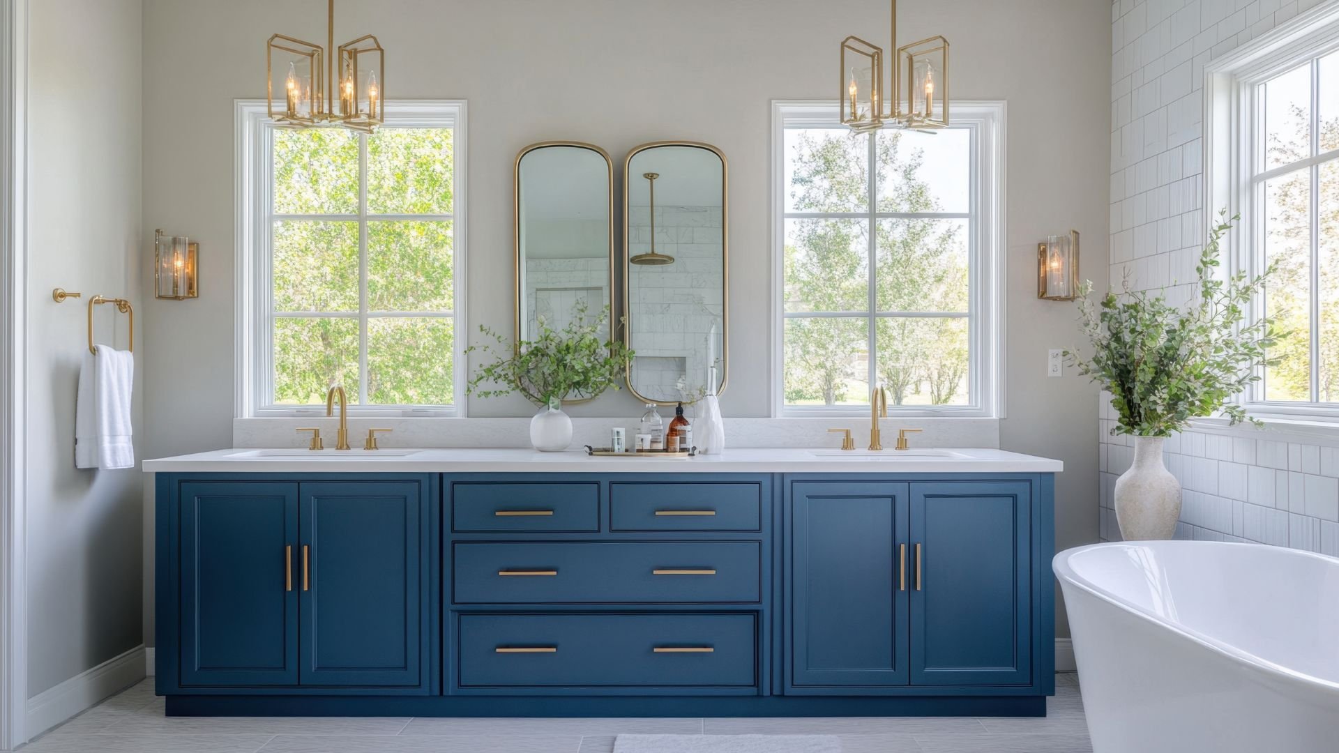 Elegant bathroom with navy blue vanity, gold fixtures, and large windows